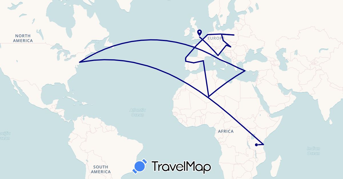 TravelMap itinerary: driving in Austria, Czech Republic, Germany, Algeria, Spain, United Kingdom, Greece, Hungary, Italy, Netherlands, Poland, Portugal, Tanzania, United States (Africa, Europe, North America)